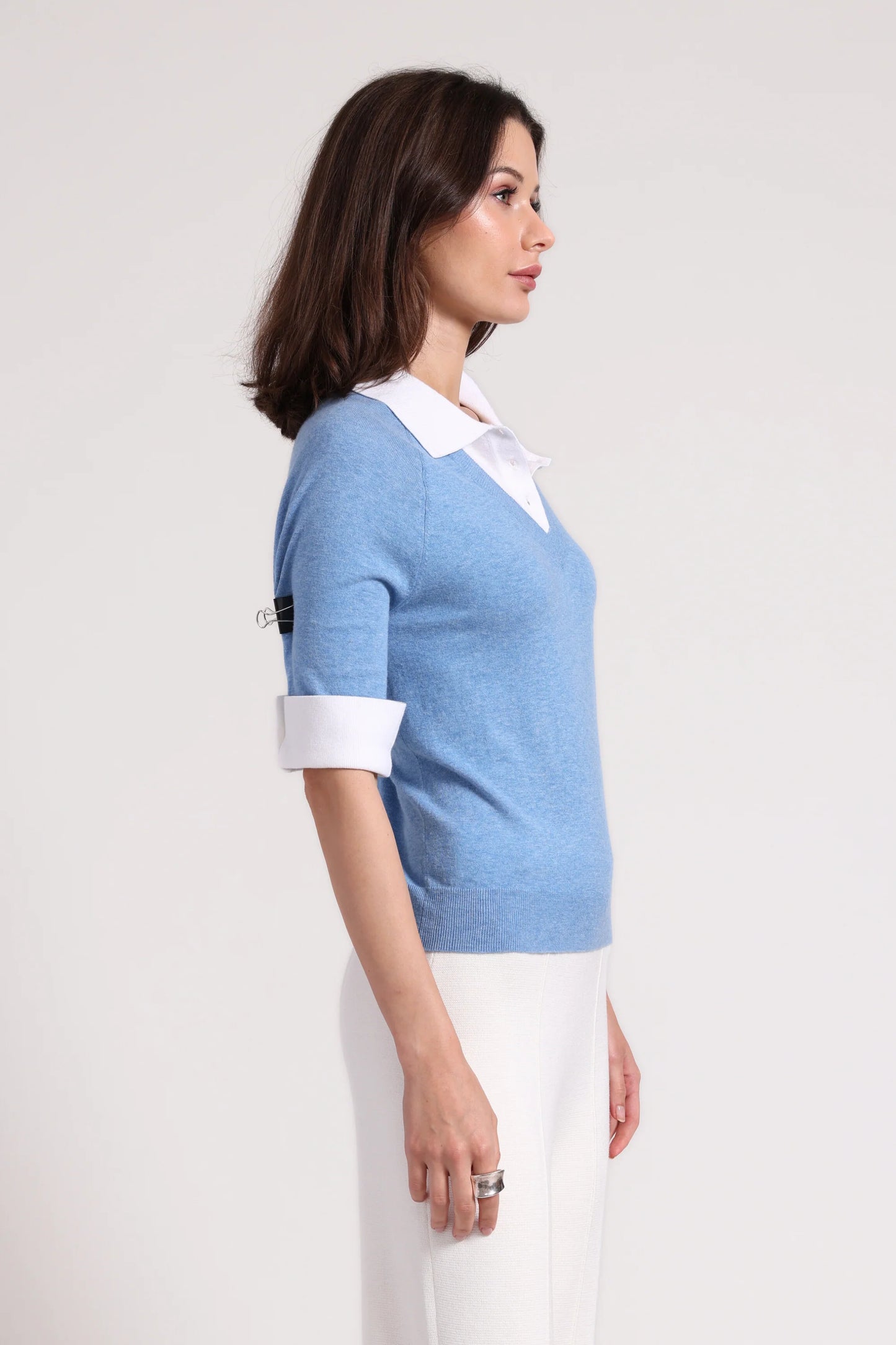 Minnie Rose Cotton Cashmere Short Sleeve V Neck with Collar in Cameo Blue
