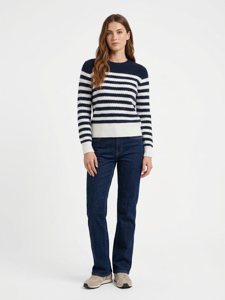 Estheme - Striped Crew Sweater - Cream/Navy