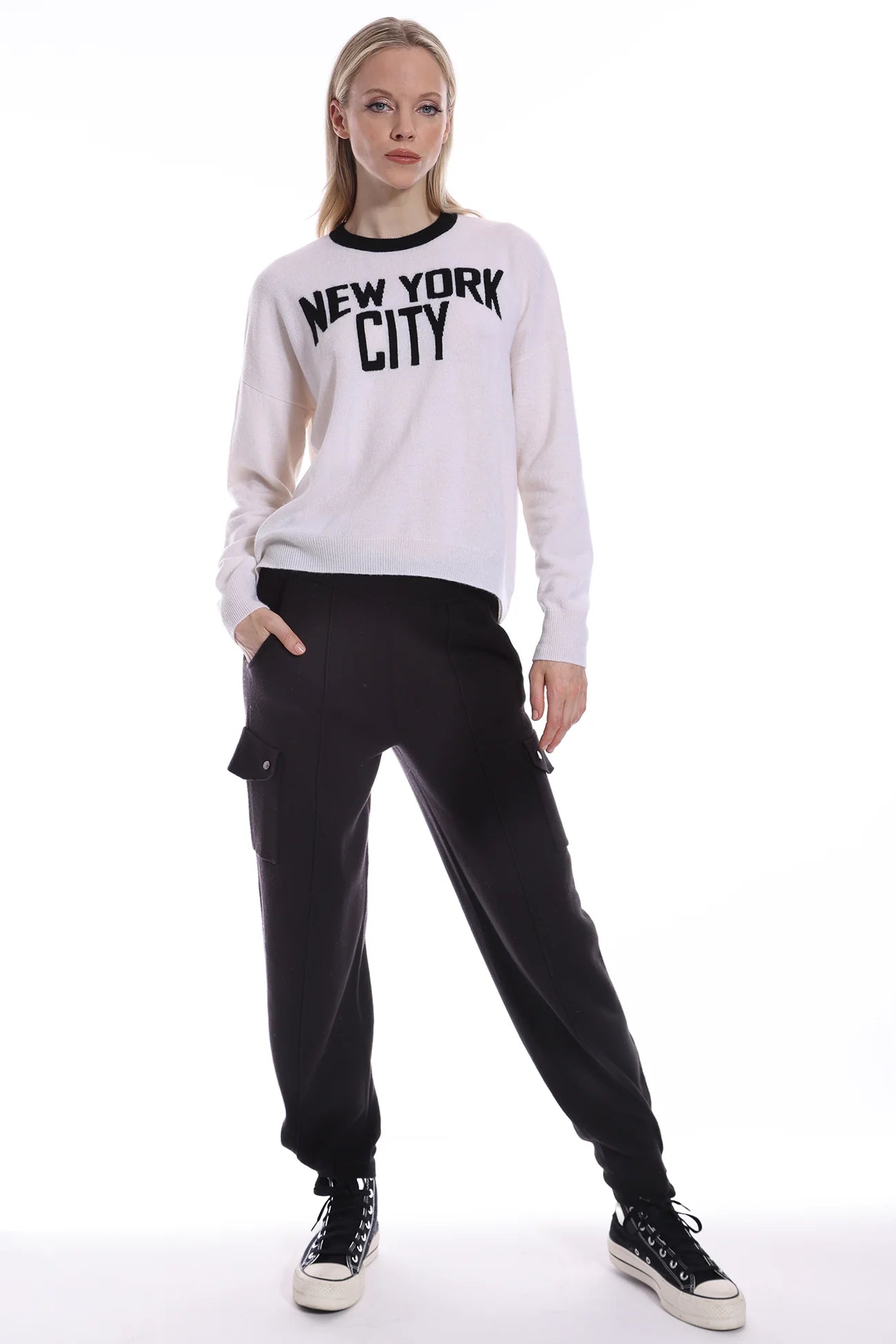 Minnie Rose - Cashmere New York City Crew Sweater - White/Black