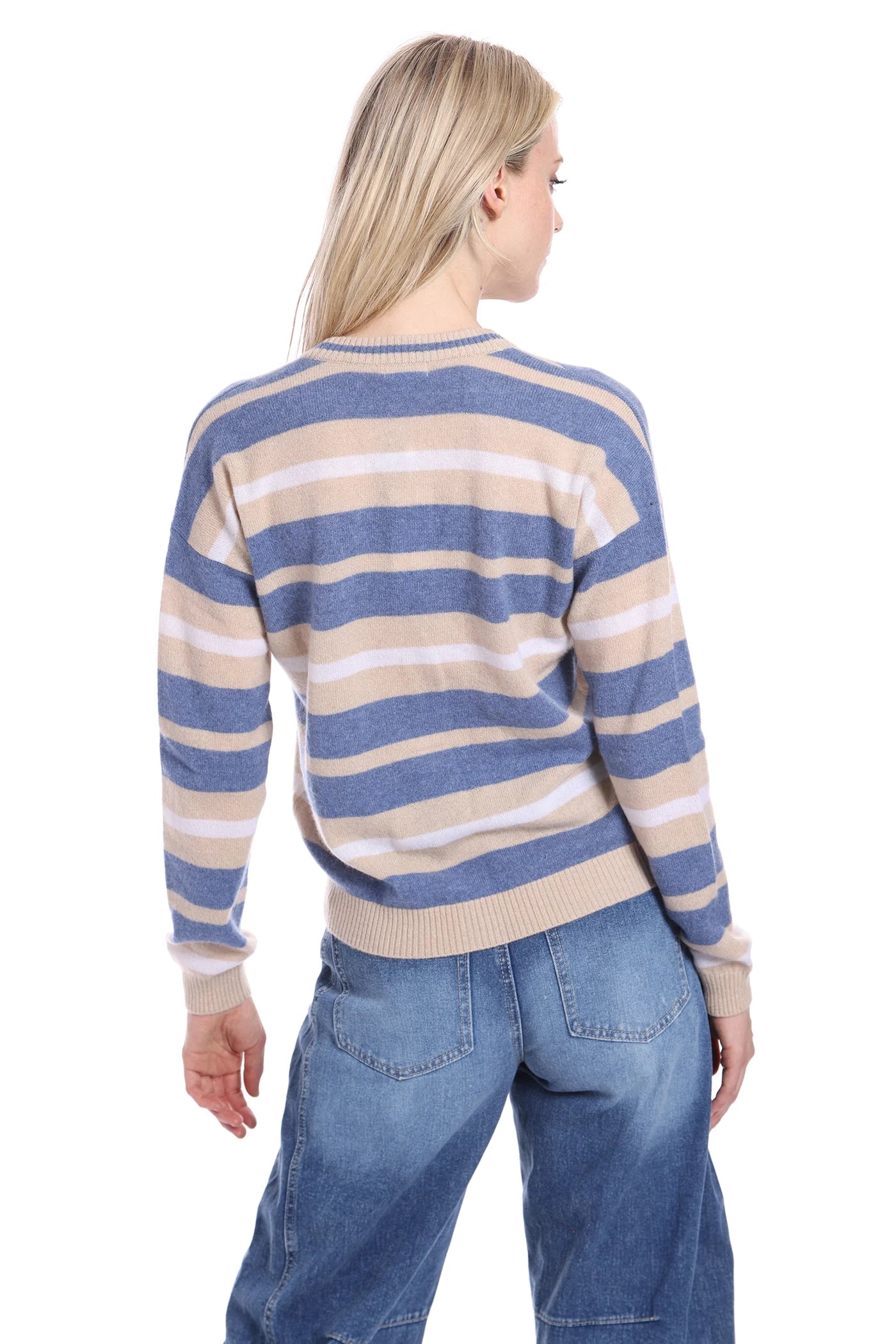 Minnie Rose - Cashmere Striped Cardigan with Tipping - Habor Blue Combo