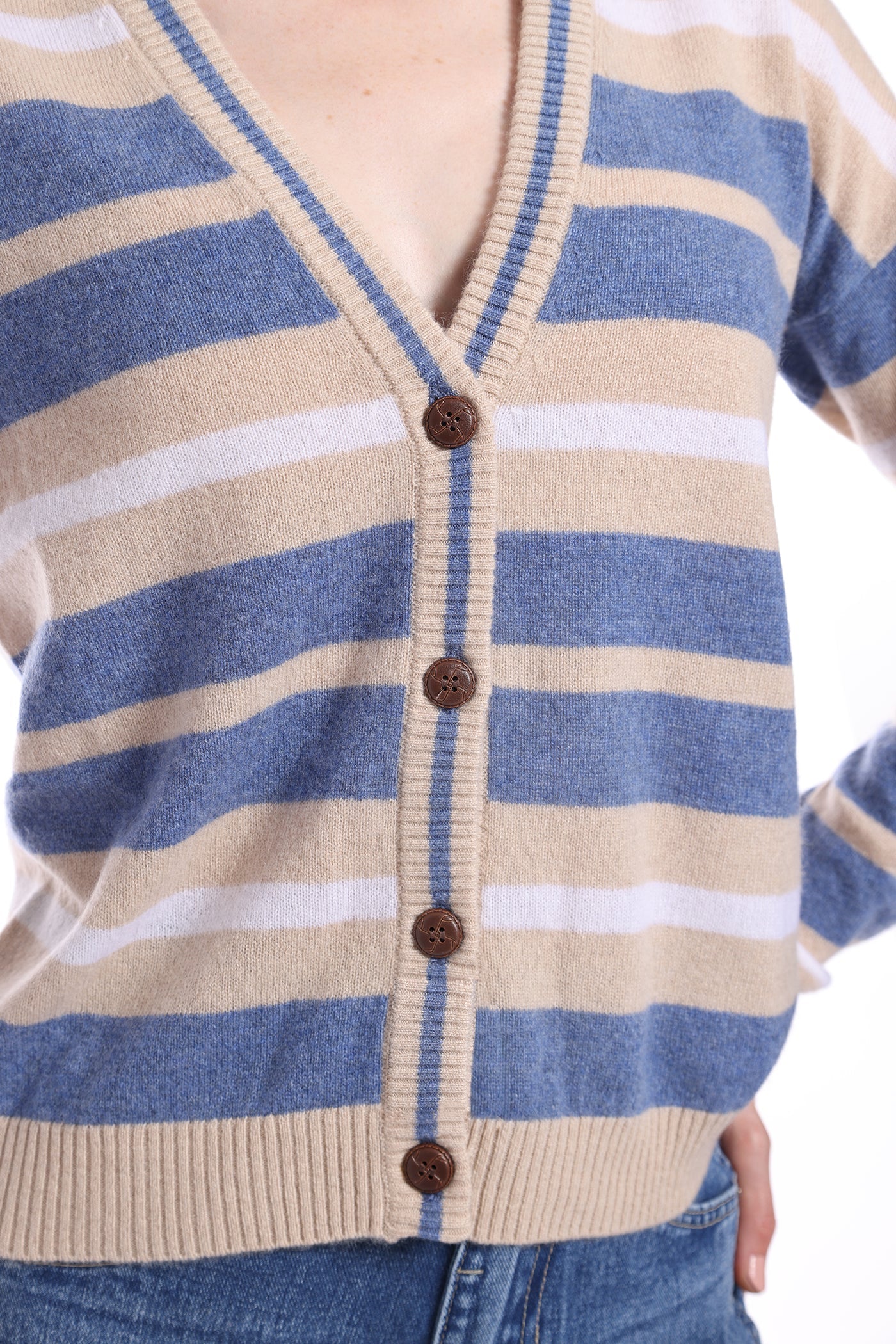 Minnie Rose - Cashmere Striped Cardigan with Tipping - Habor Blue Combo