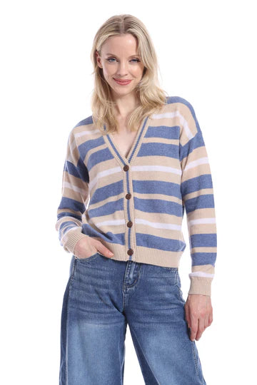 Minnie Rose - Cashmere Striped Cardigan with Tipping - Habor Blue Combo