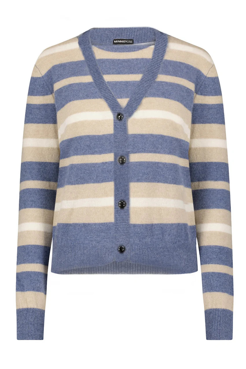 Minnie Rose - Cashmere Striped Cardigan with Tipping - Habor Blue Combo