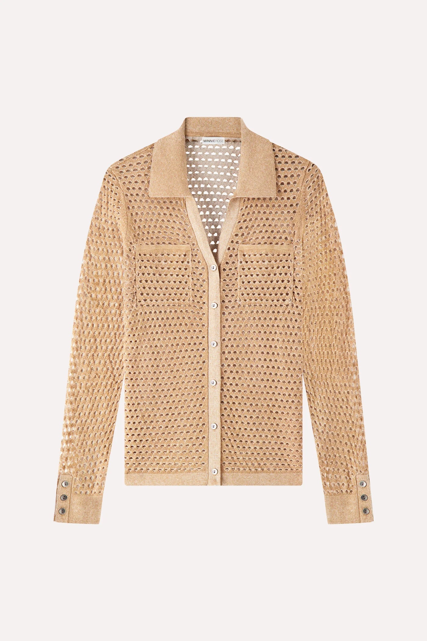 Minnie Rose Cotton Cashmere Plaited Mesh Button Down Shirt in Camel