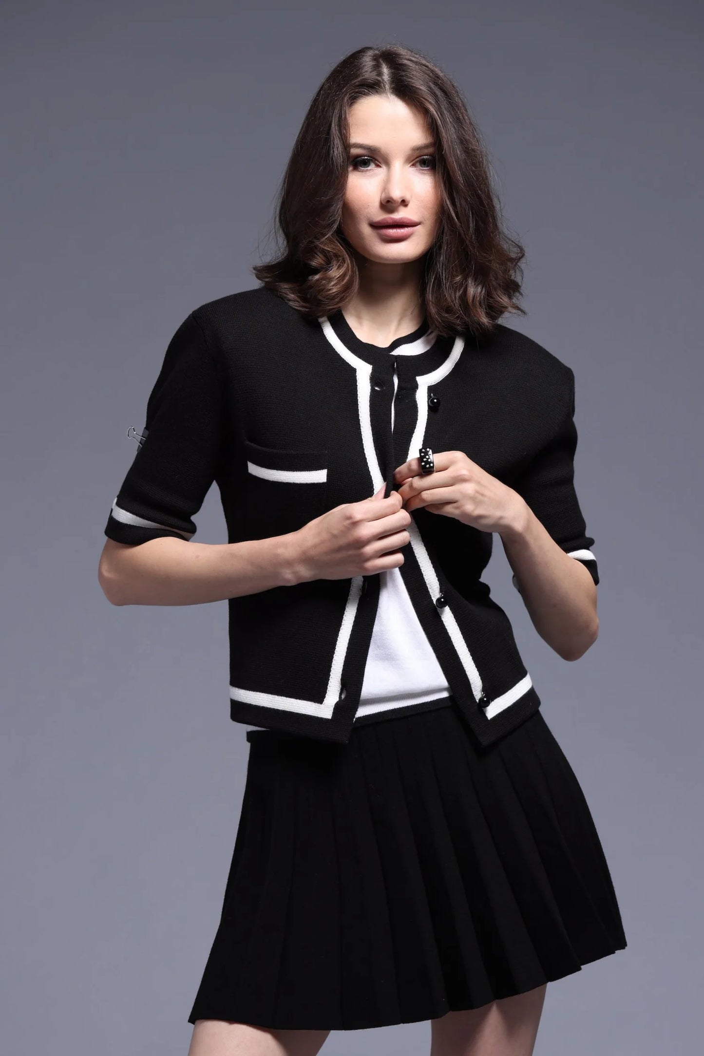 Minnie Rose Short Sleeve Tipped Cropped Jacket in Black/White