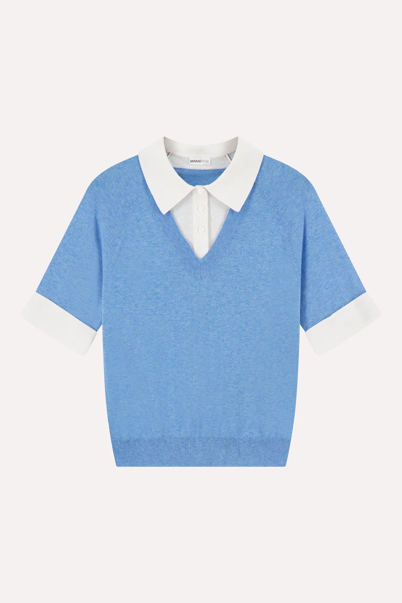 Minnie Rose Cotton Cashmere Short Sleeve V Neck with Collar in Cameo Blue