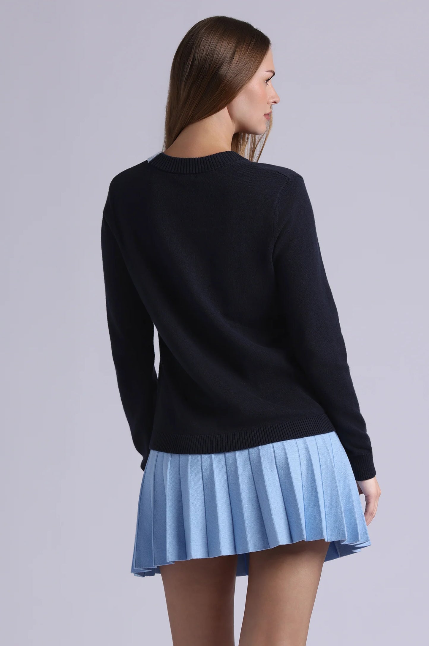 Minnie Rose - Cotton Cashmere V Neck Cardigan with Contrast Placket - Navy/Fresco Blue