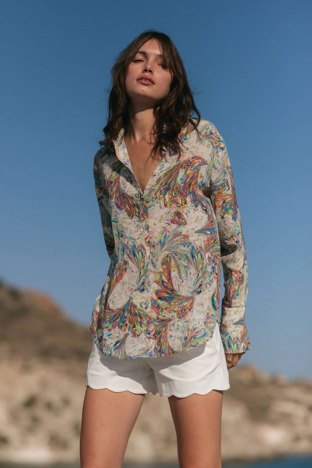 Catherine Gee-Daria French Cuff Silk Blouse-Stone Paint Swirl