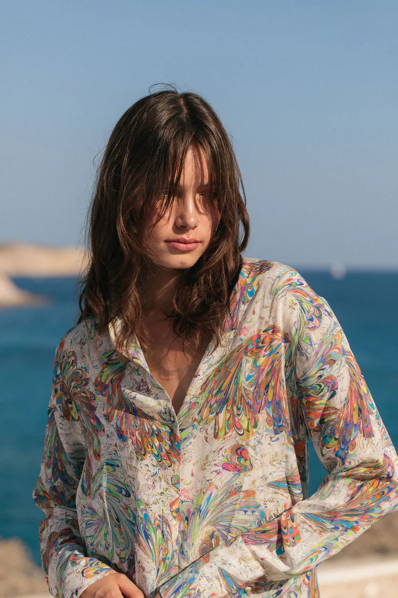 Catherine Gee-Daria French Cuff Silk Blouse-Stone Paint Swirl