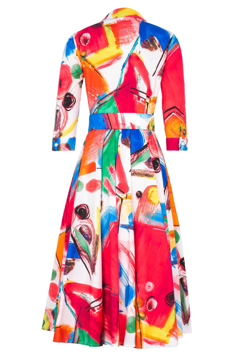 Samantha Sung - Gigi Dress Midi Length Cotton Musola - Bastera Painting (White Pink)
