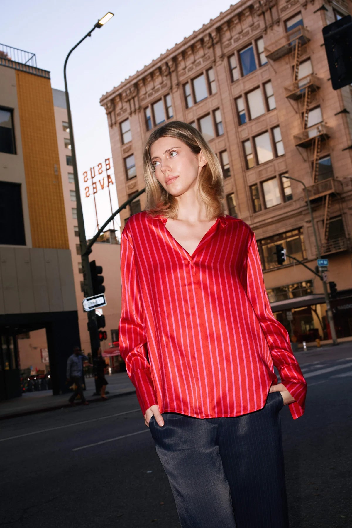 Catherine Gee-Daria French Cuff Silk Blouse-Red/Pink Stripe