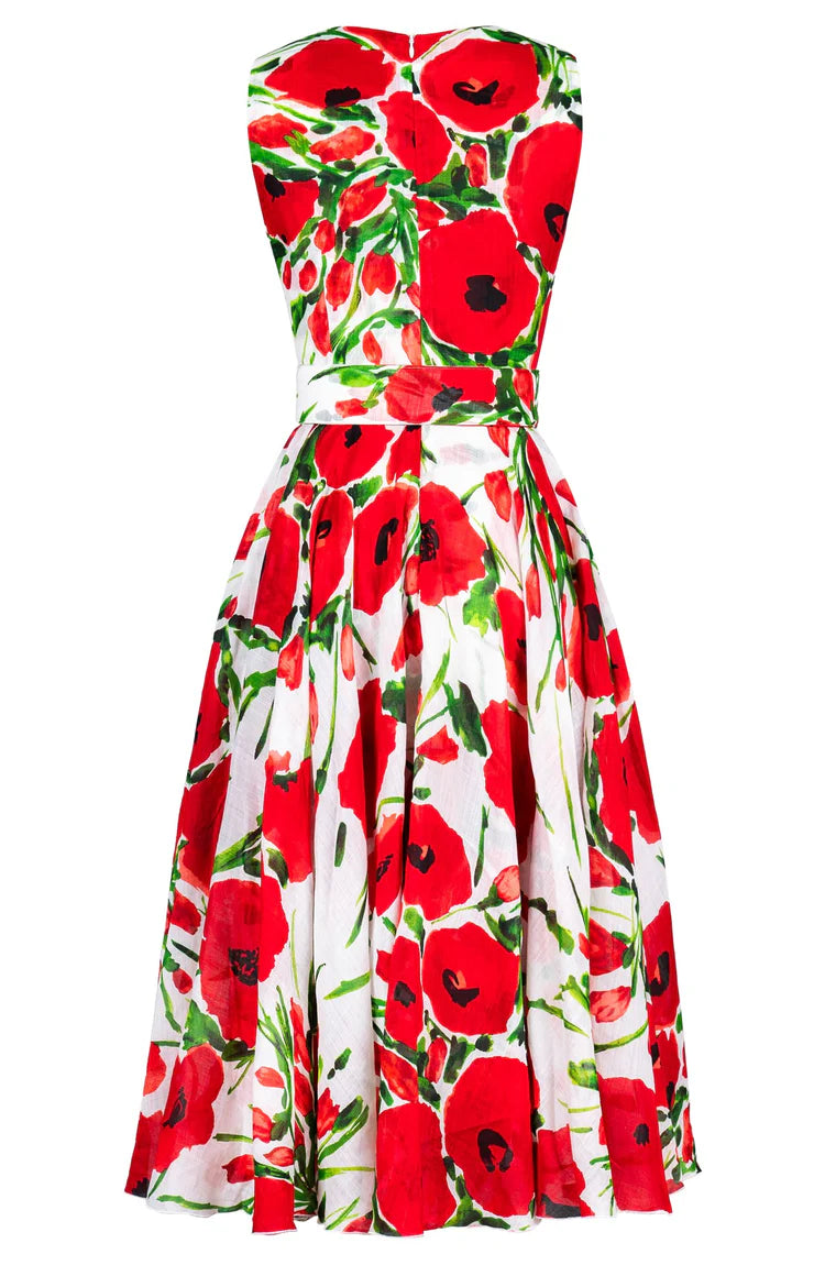 Samantha Sung - Aster Dress Midi Length Ramie - Fiori Poppy White (White Red)
