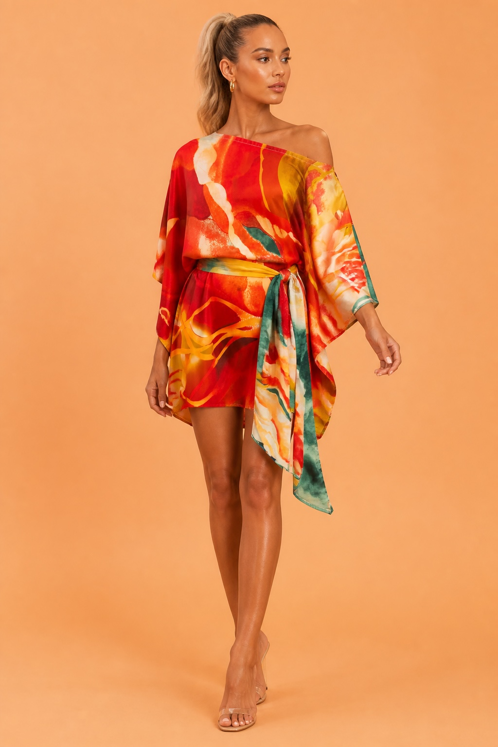 Dawn Bradbury - Short Silk Kaftan Dress w/Sash - Bright Hibiscus