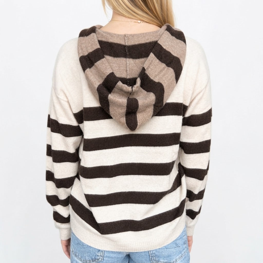 Estheme - Striped Zip Up Hoodie - Tan
