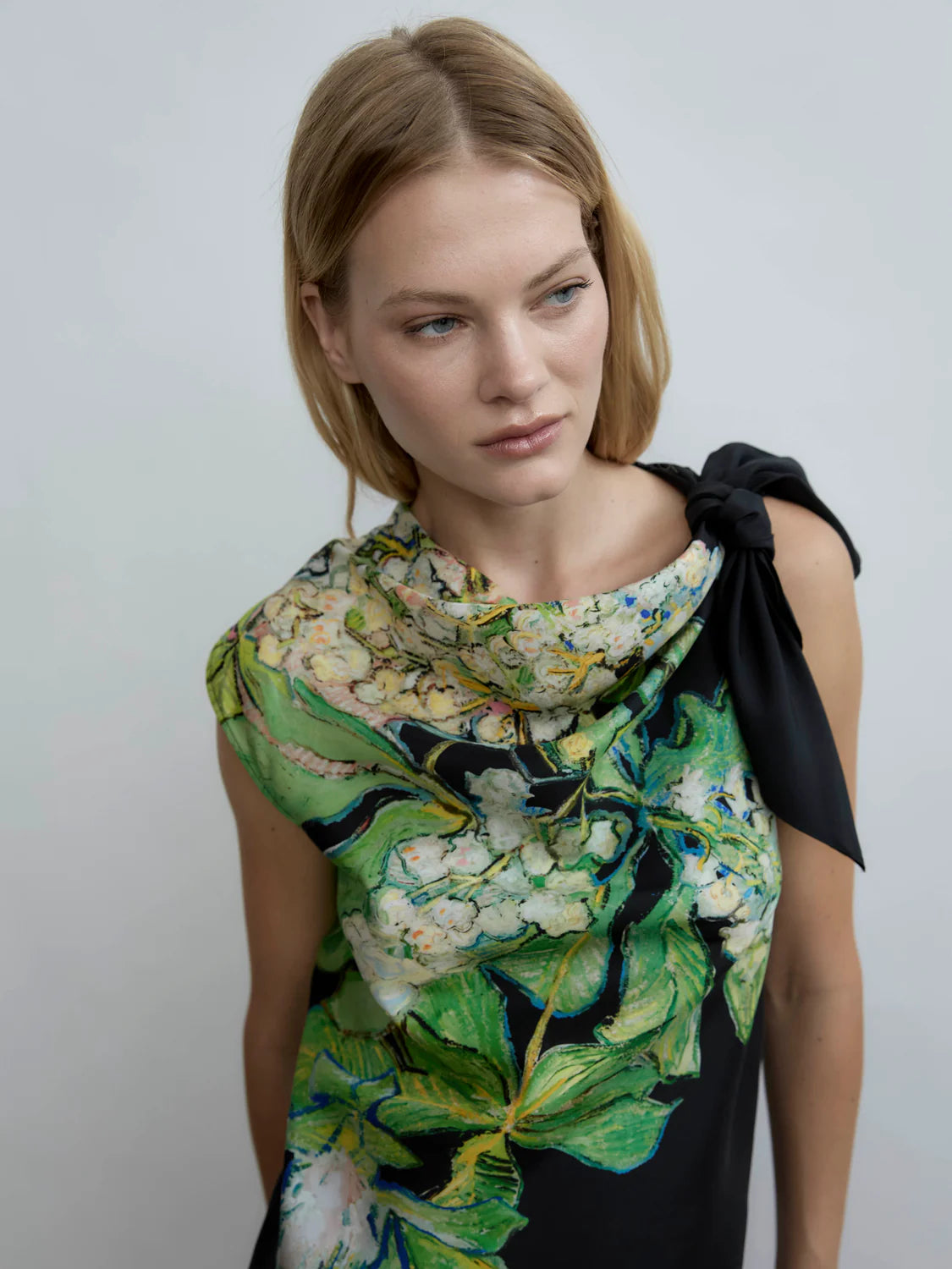 Hydrangea Brush One-Shoulder Knot Silk Top