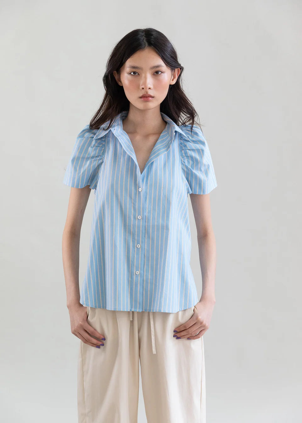 Candy Stripe Oxford Short puff sleeve Shirt