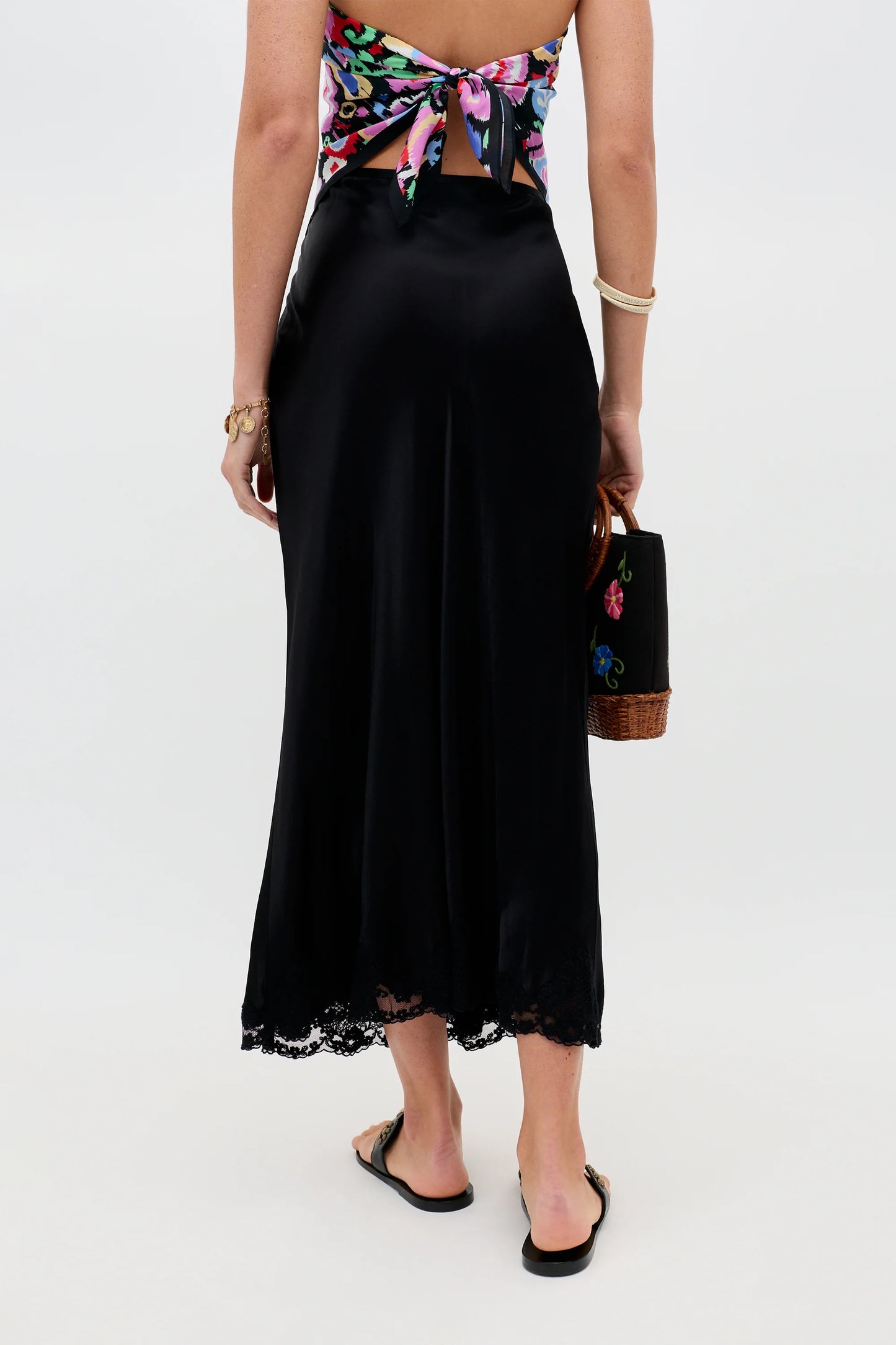 RIXO - Crystal Satin Midi Skirt - Black