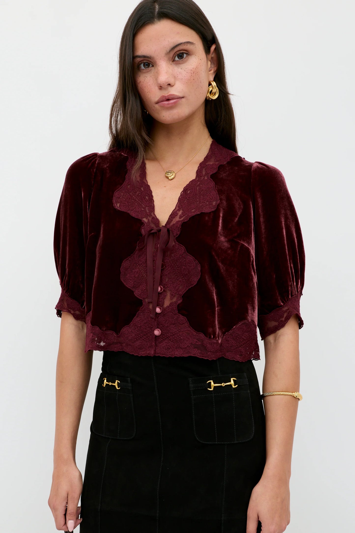 RIXO - Ursula Silk Velvet Top - Bordeaux