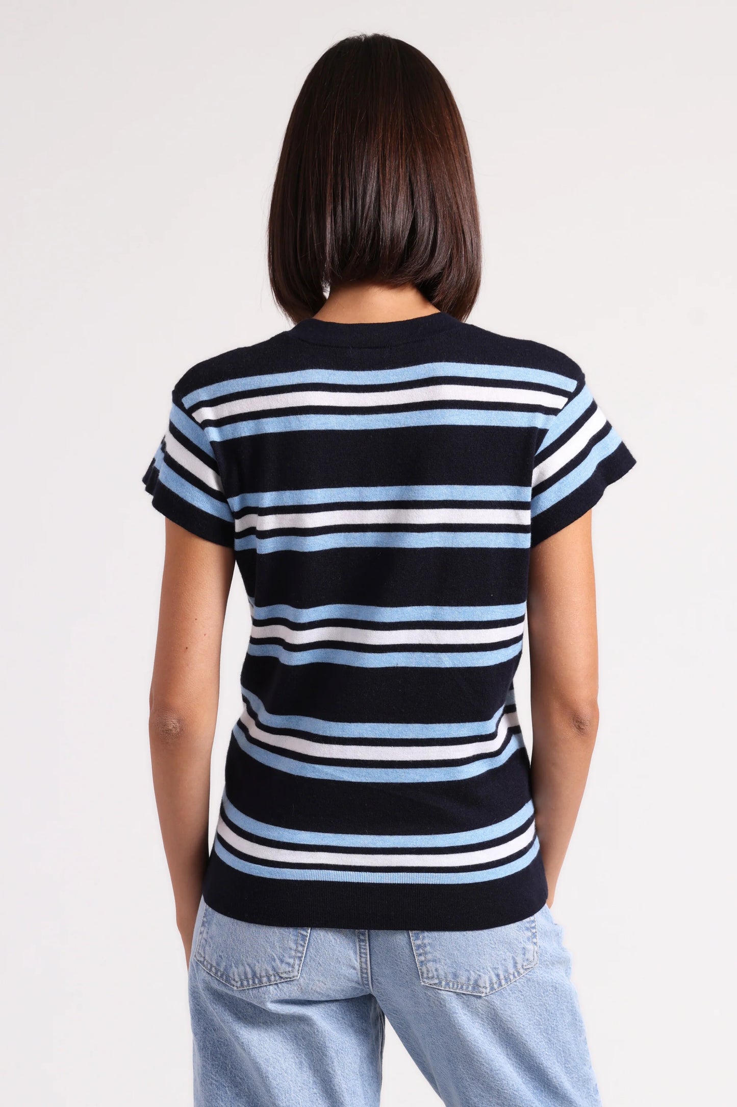 Minnie Rose-Supima Cotton Cashmere Multi Stripe Cap Sleeve Crew-Navy Combo