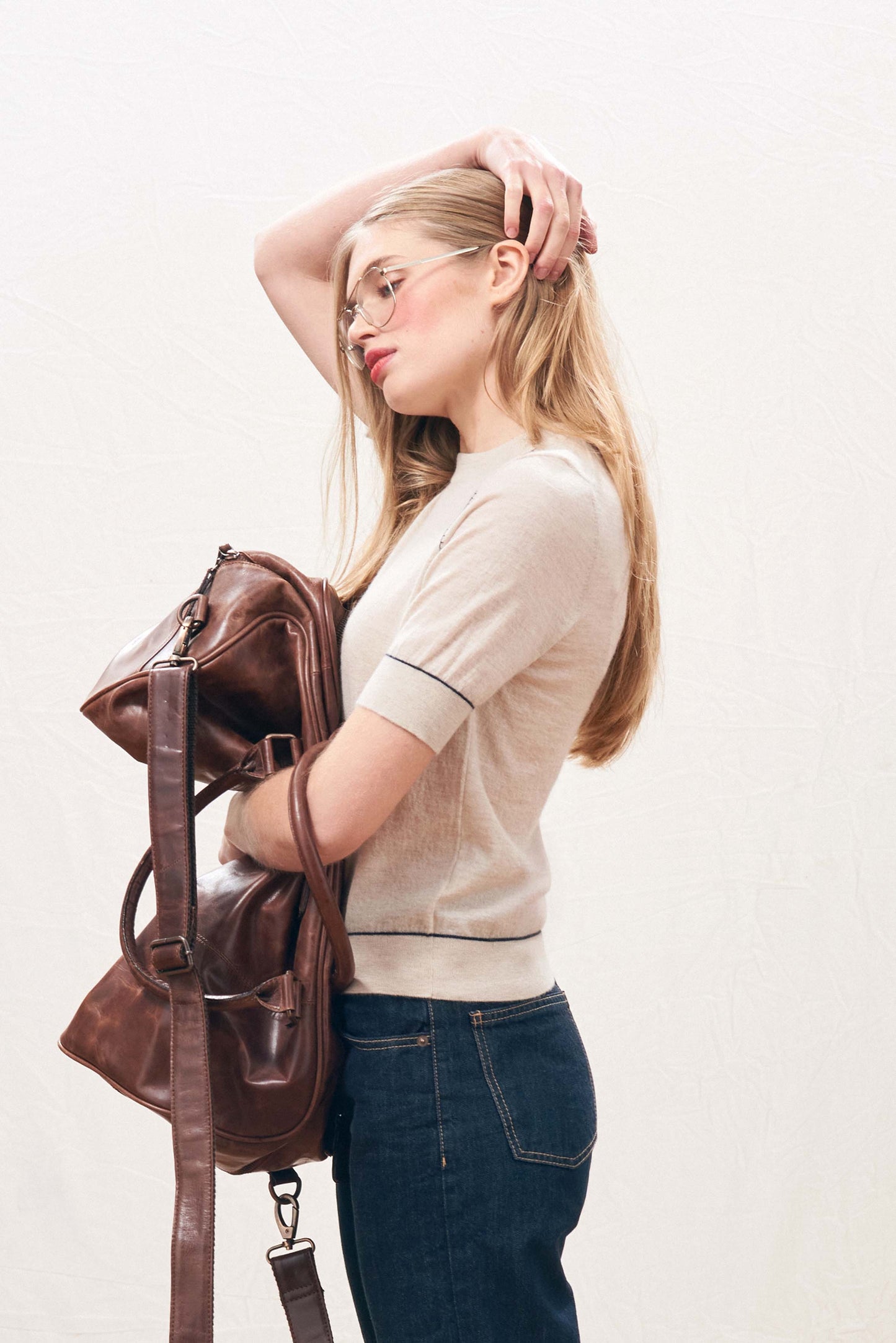 Jumper 1234 Contrast Stitch Sweater T-Shirt in Sandstone w/Navy