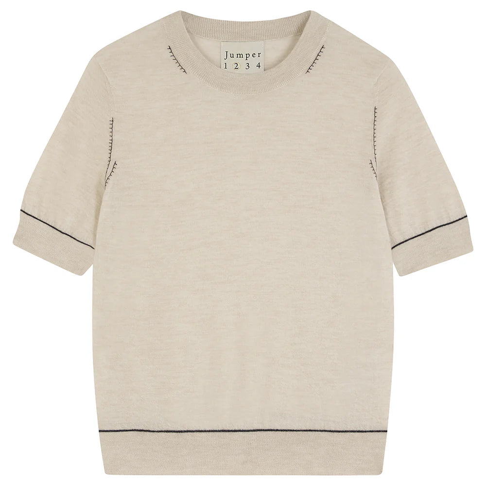 Jumper 1234 Contrast Stitch Sweater T-Shirt in Sandstone w/Navy