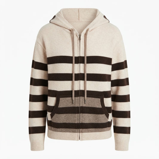 Estheme - Striped Zip Up Hoodie - Tan