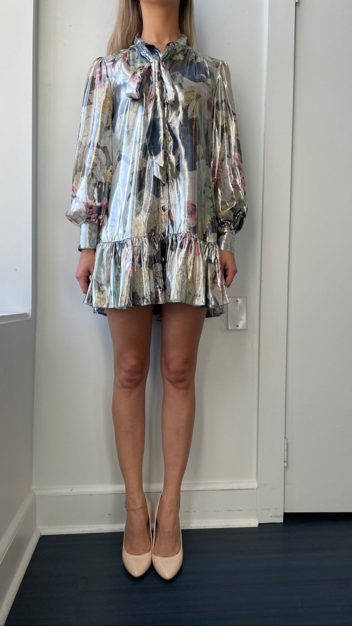 Tie neck long sleeve dress on sale