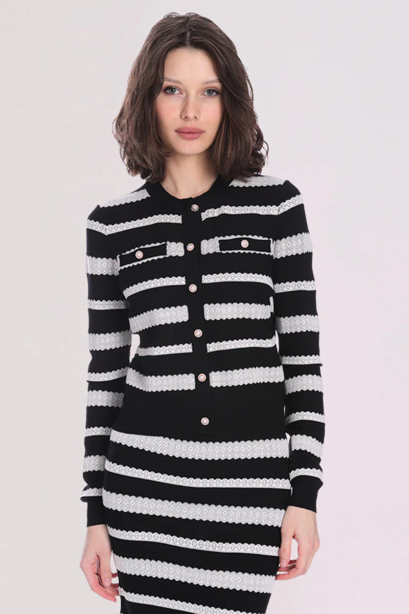 Minne Rose Viscose Lace Stripe Cardigan in Black/White