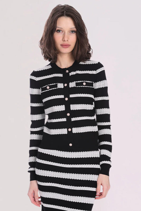 Minne Rose Viscose Lace Stripe Cardigan in Black/White
