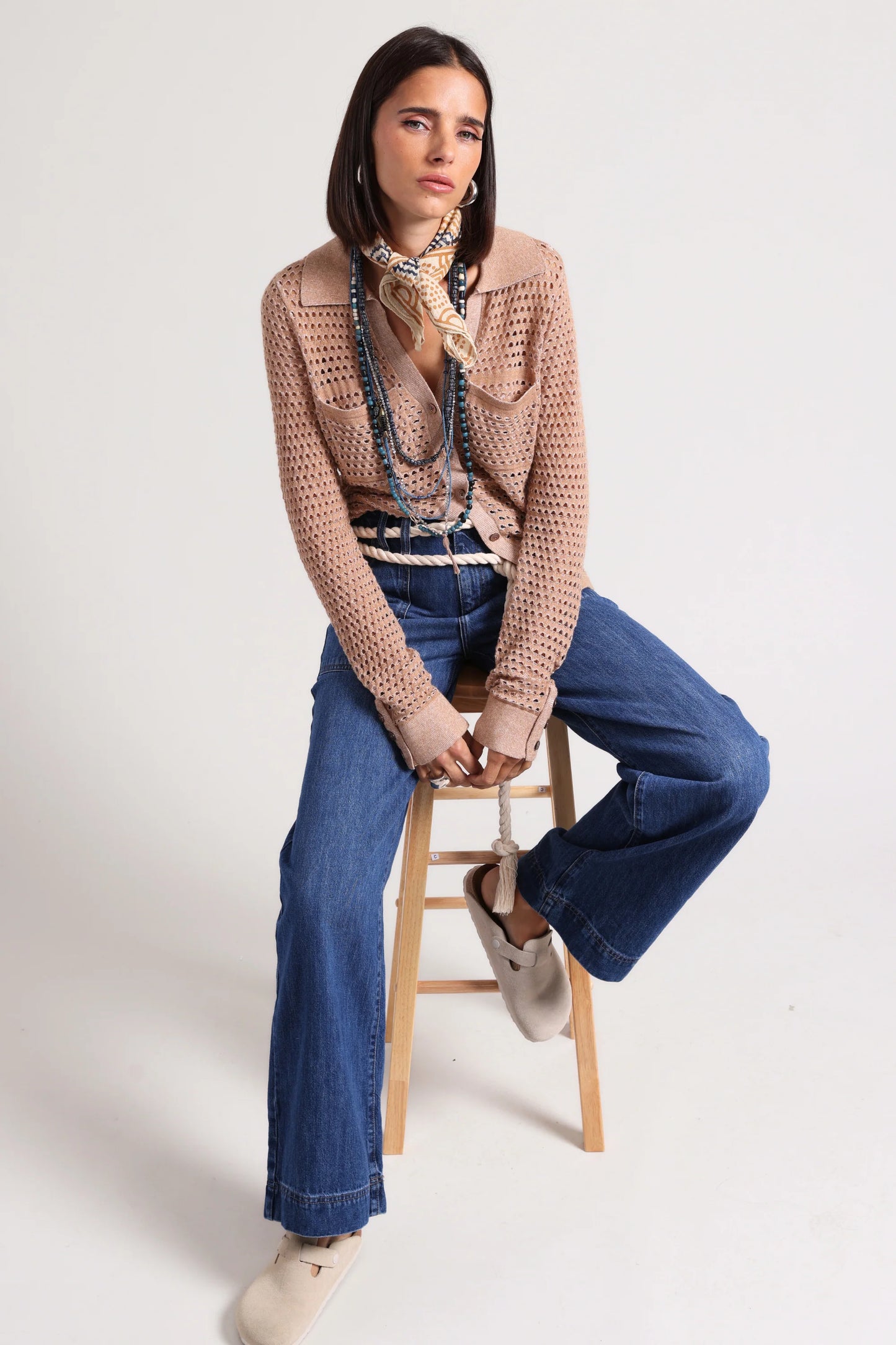 Minnie Rose-Cotton Cashmere Plaited Mesh Button Down Shirt-Camel/White