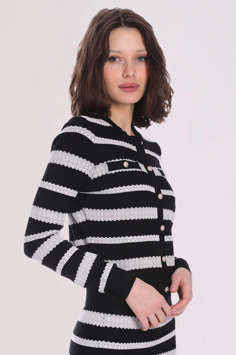 Minne Rose Viscose Lace Stripe Cardigan in Black/White