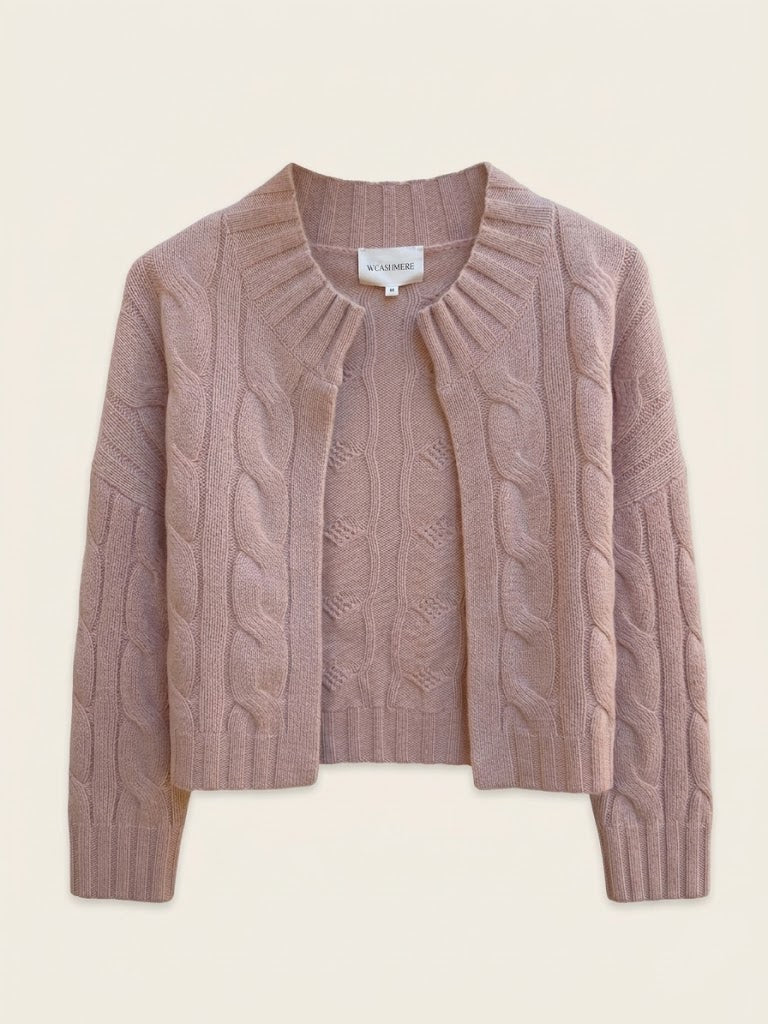 W. Cashmere - Talia Cable Knit Open Cardigan - Pale Pink