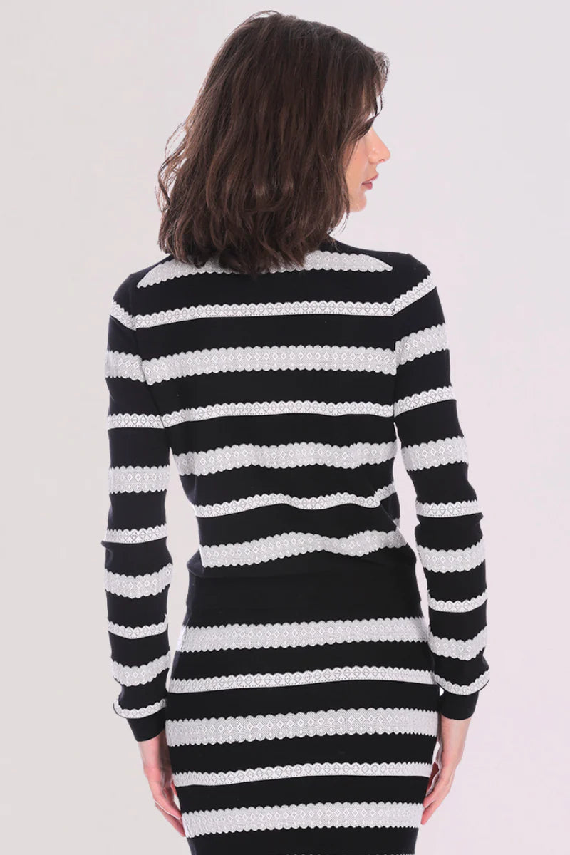 Minne Rose Viscose Lace Stripe Cardigan in Black/White