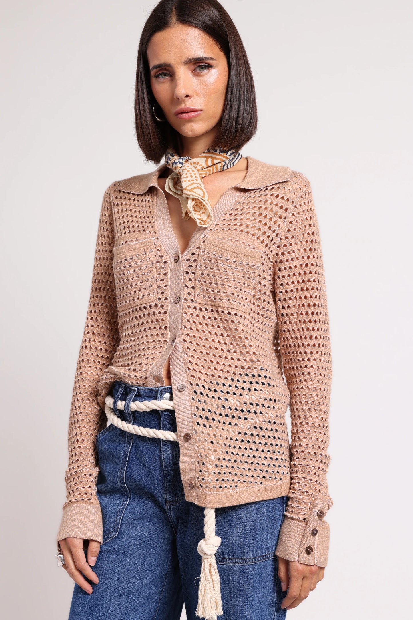 Minnie Rose-Cotton Cashmere Plaited Mesh Button Down Shirt-Camel/White