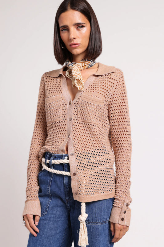 Minnie Rose-Cotton Cashmere Plaited Mesh Button Down Shirt-Camel/White