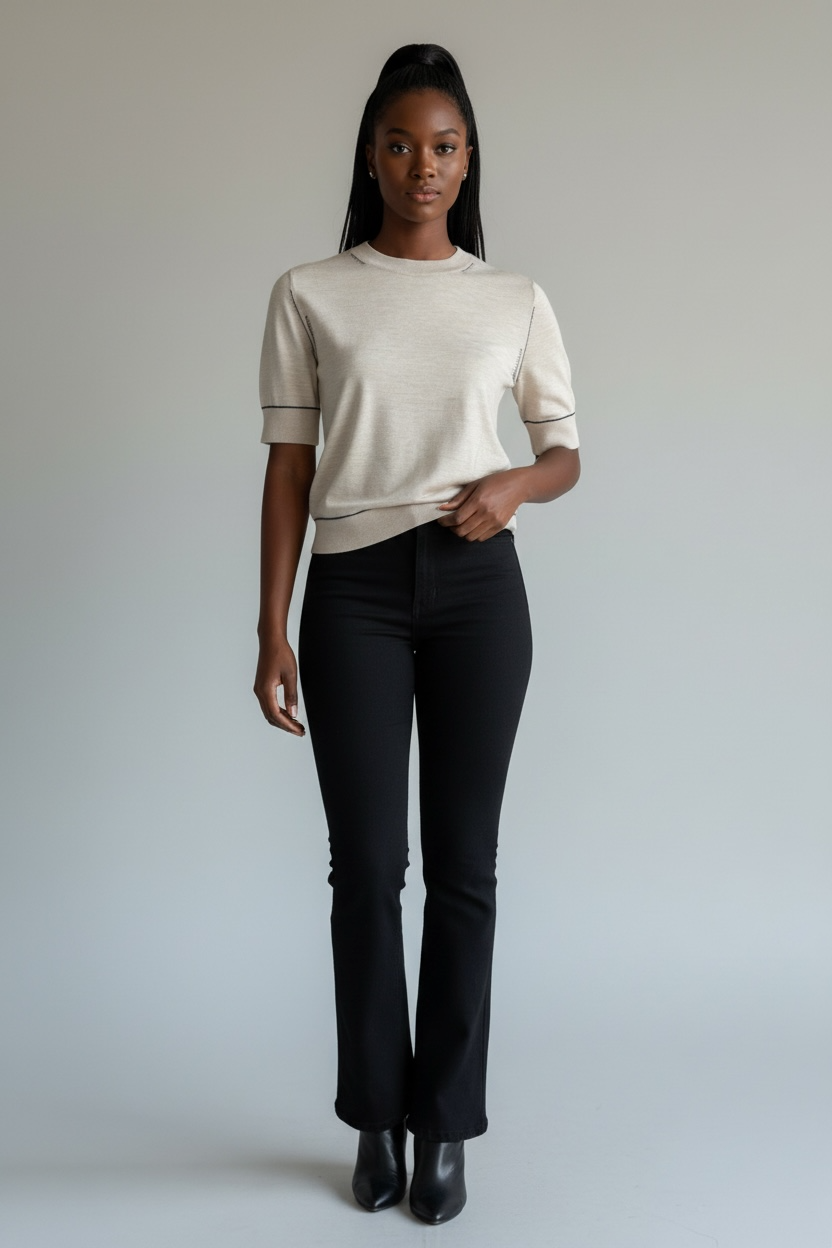 Jumper 1234 Contrast Stitch Sweater T-Shirt in Sandstone w/Navy