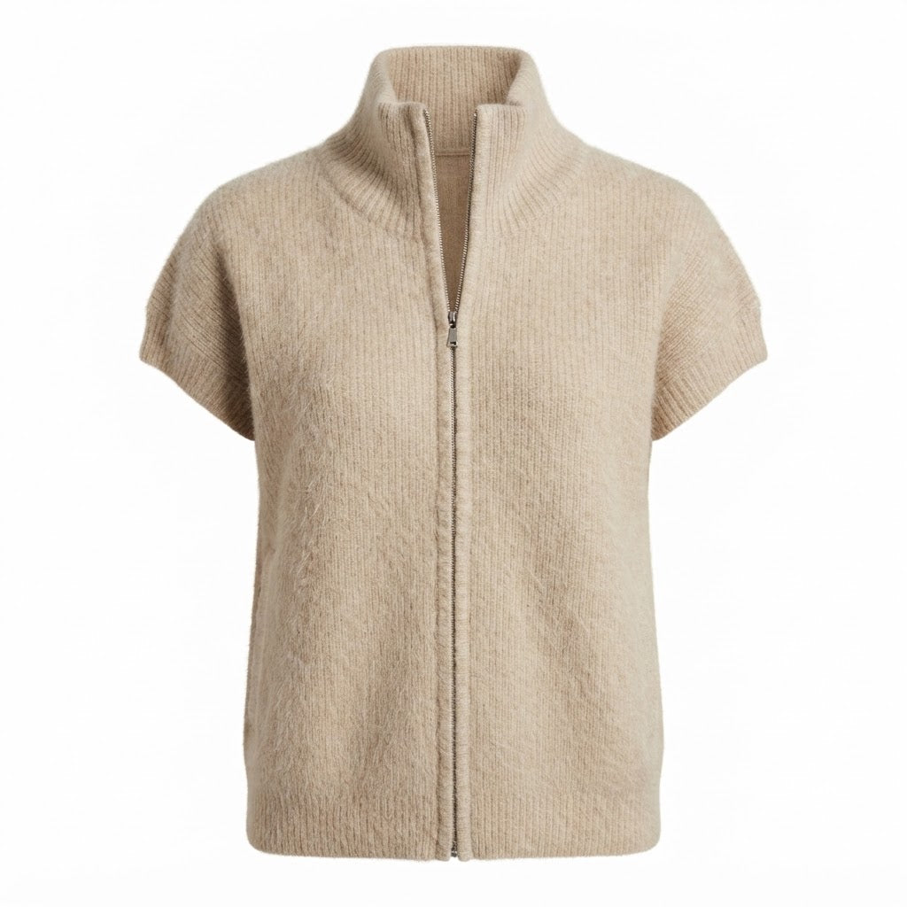 Estheme - Zip Up Short Sleeve Sweater - Stone