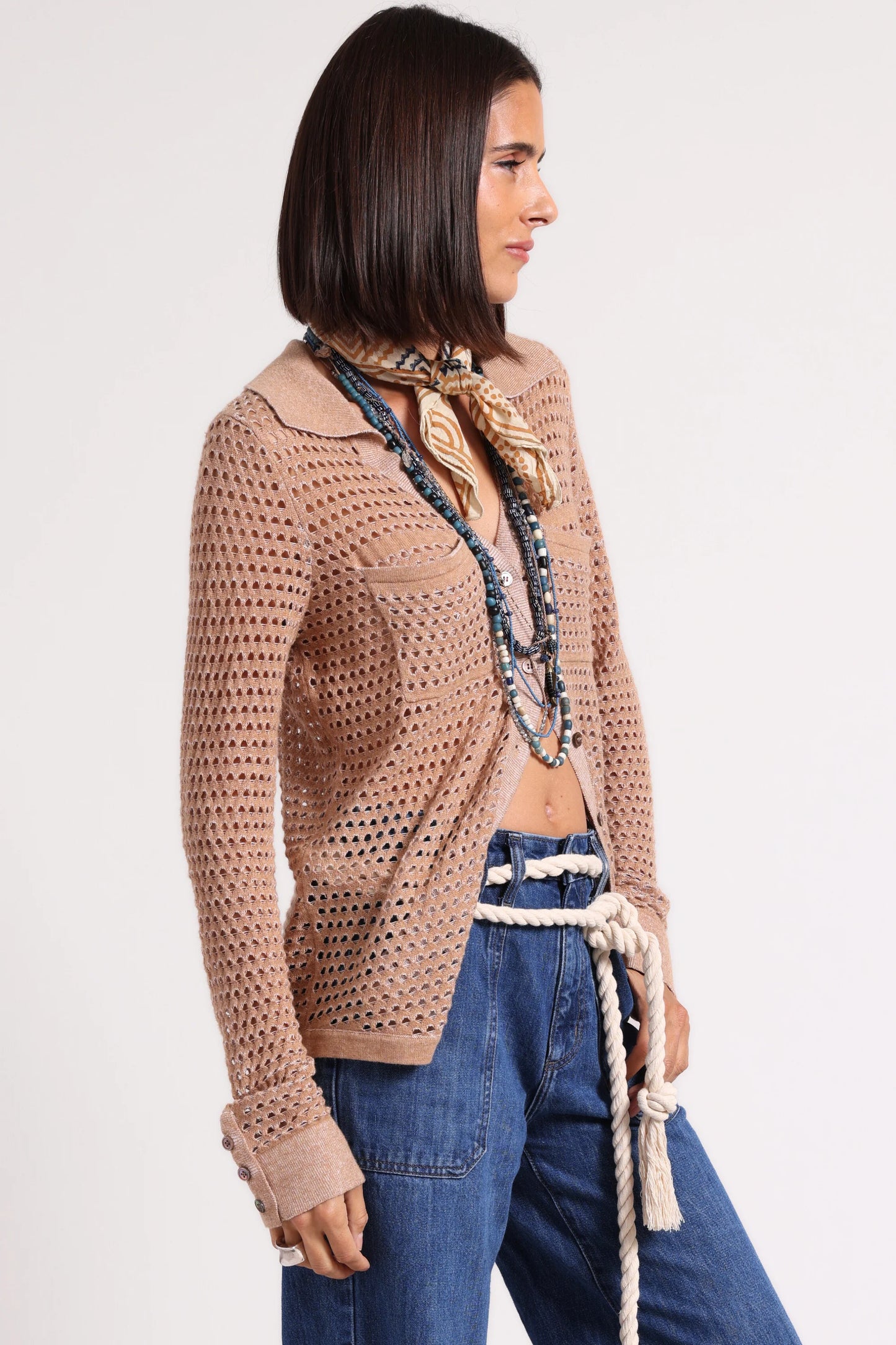 Minnie Rose-Cotton Cashmere Plaited Mesh Button Down Shirt-Camel/White