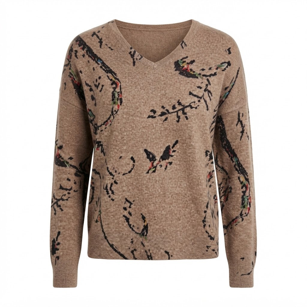 Estheme - Cashmere Patterned V-Neck Sweater - Latte