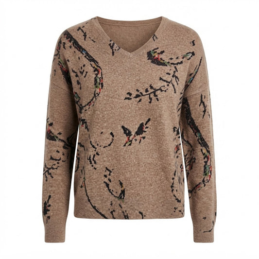 Estheme - Cashmere Patterned V-Neck Sweater - Latte