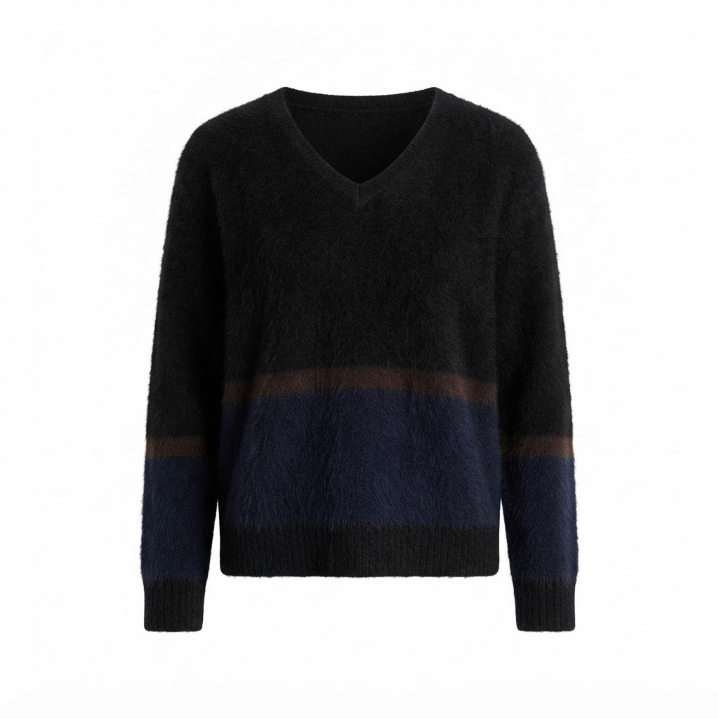 Estheme - Striped V-Neck Sweater - Black