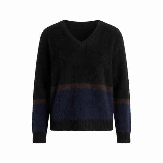 Estheme - Striped V-Neck Sweater - Black