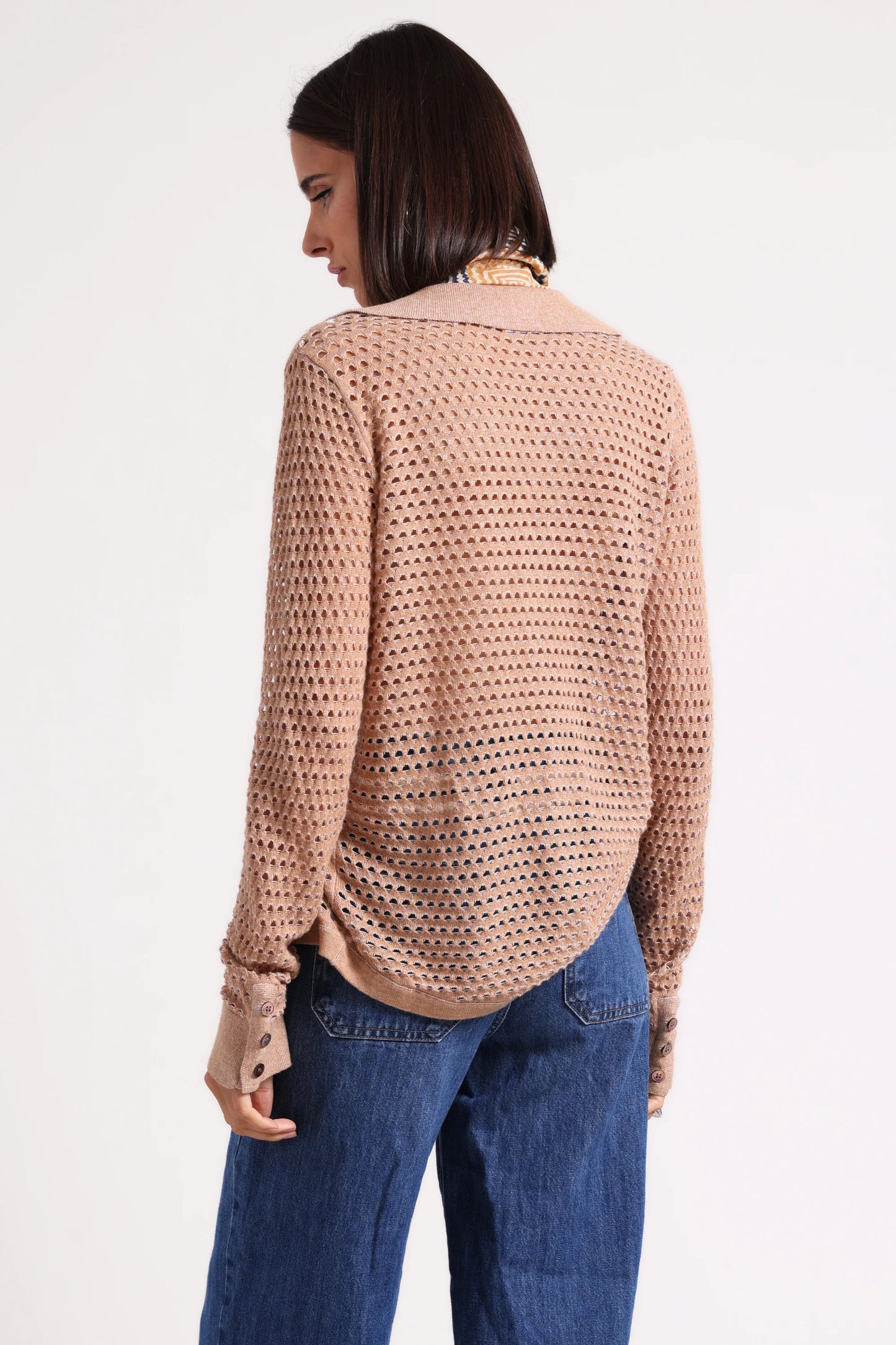Minnie Rose-Cotton Cashmere Plaited Mesh Button Down Shirt-Camel/White
