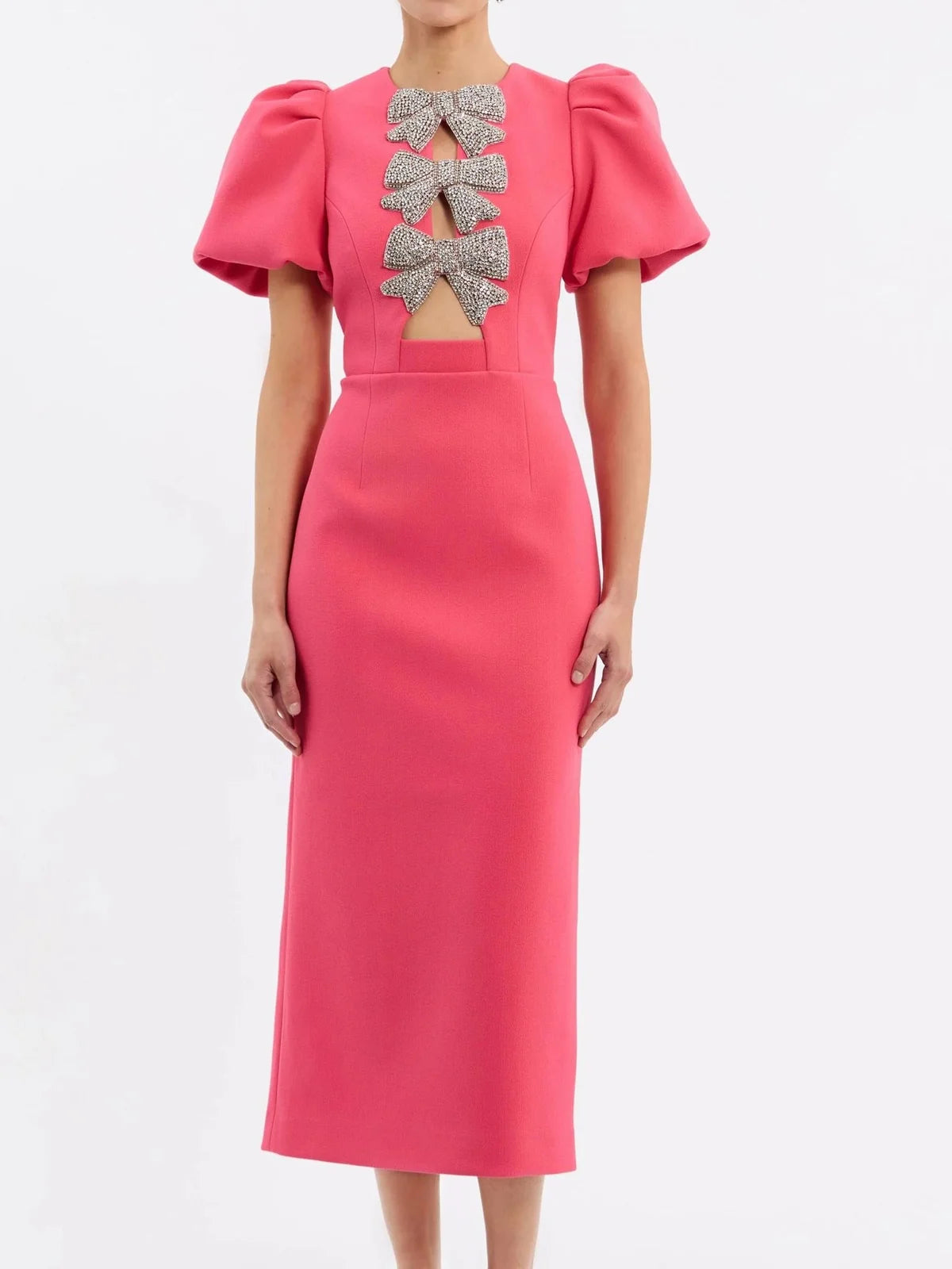 Rebecca Vallance Posey Puff Sleeve Midi Dress in Rouge Red