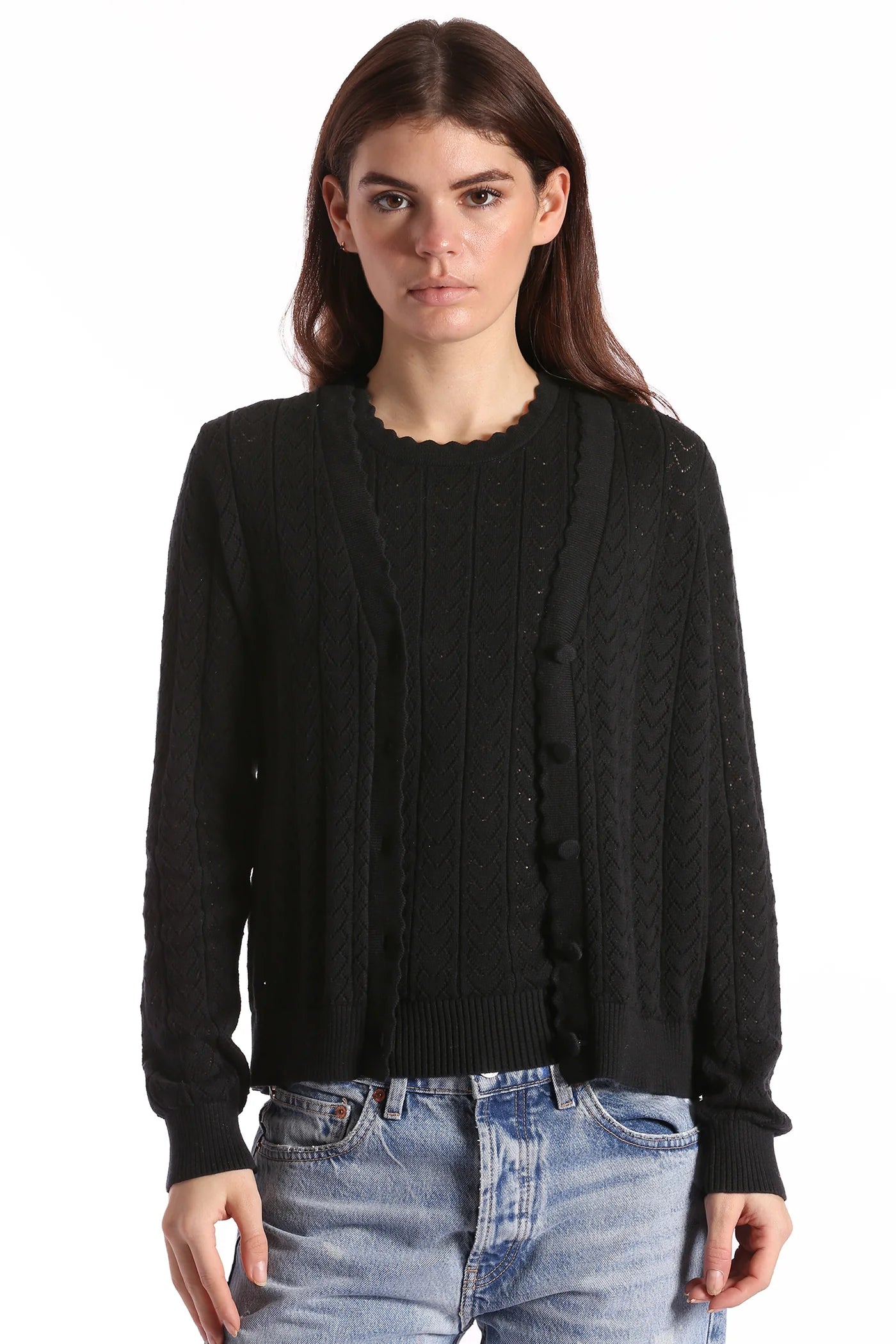 Minnie Rose- Cotton Cashmere Heart Pointelle Scalloped Cardigan- Black