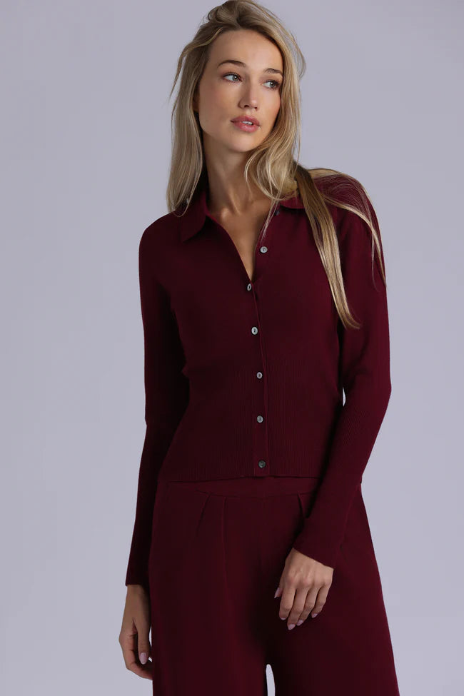 Minnie Rose Viscose Blend Long Sleeve Shirt with Ribbed Details-Bordeaux
