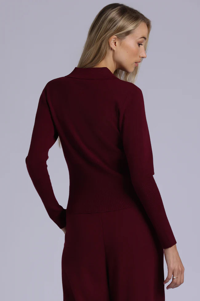 Minnie Rose Viscose Blend Long Sleeve Shirt with Ribbed Details-Bordeaux