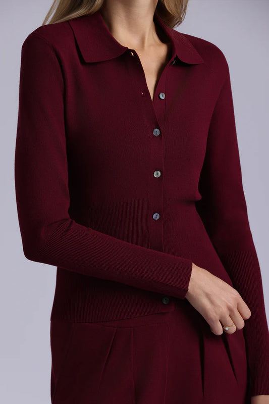 Minnie Rose Viscose Blend Long Sleeve Shirt with Ribbed Details-Bordeaux