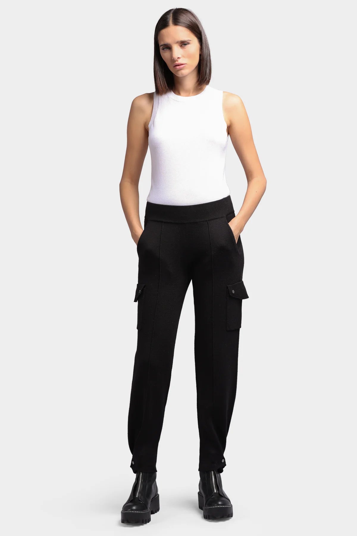 Minnie Rose-Cotton Blend Pleated Snap Leg Cargo Pant-Black
