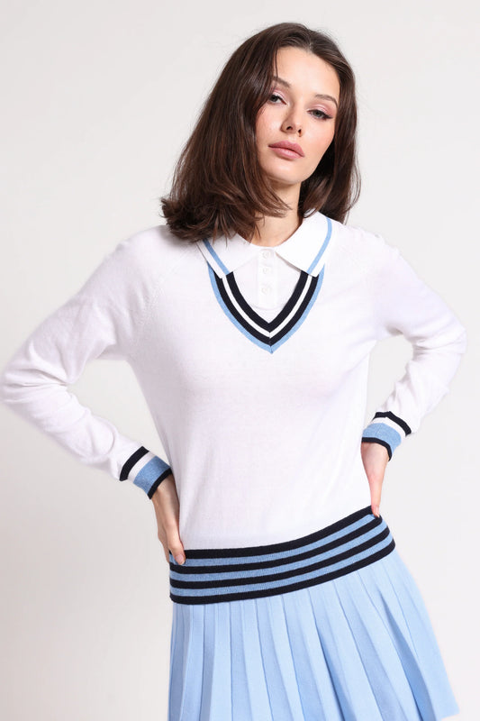 Minnie Rose-Cotton Cashmere Polo with Collar and Tipping